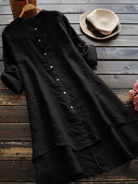 Women's Solid Color Loose Elegant Casual Cotton And Linen Shirt Dress