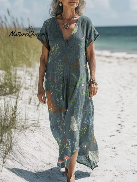 Night Woodland Animal Pattern Printed Women's Pocket Cotton Dress
