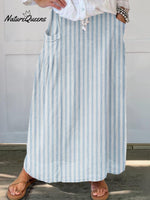 Women’s Striped Abstract Geometry Art Pattern Print Linen Pocket Skirt Blue / S