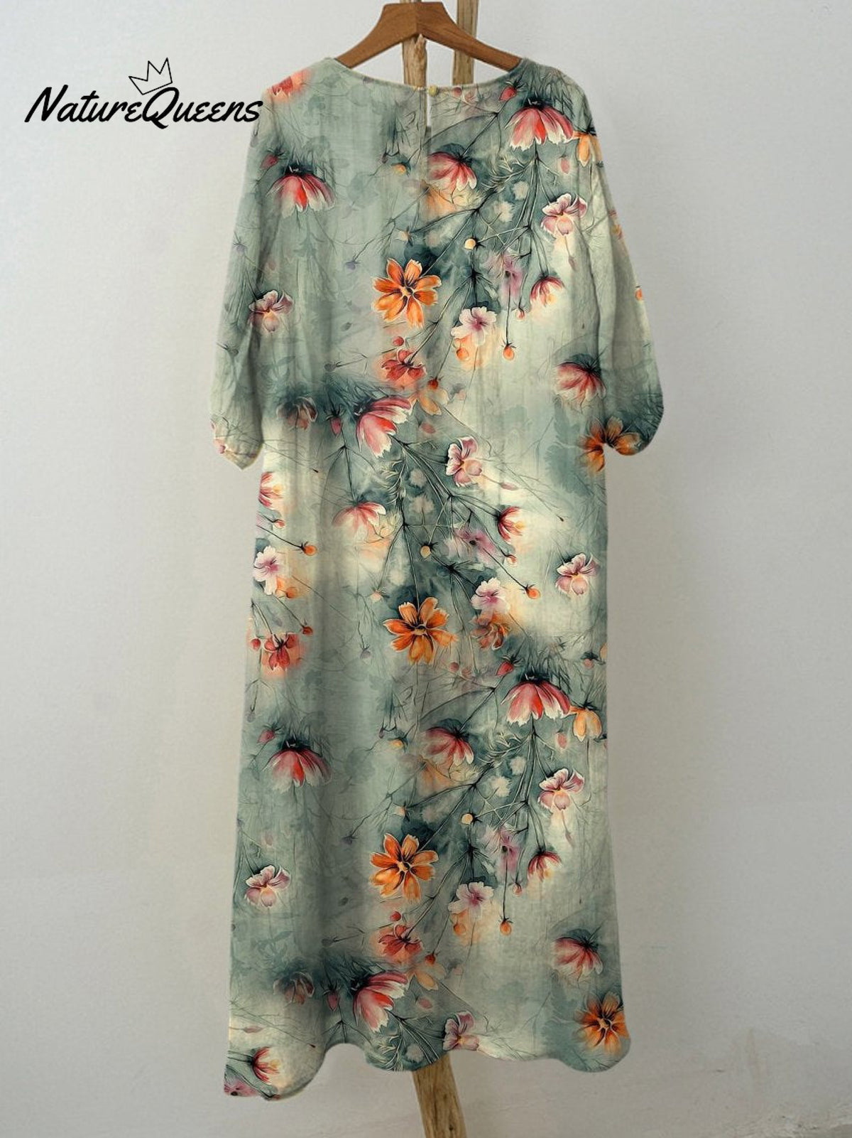 Women's Elegant Orange Floral Print On Green Background Print Pocket Cotton Dress