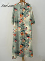 Women's Elegant Orange Floral Print On Green Background Print Pocket Cotton Dress