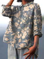Women's Retro White Flower and Bird Print On Blue Background Print Casual Cotton And Linen Shirt