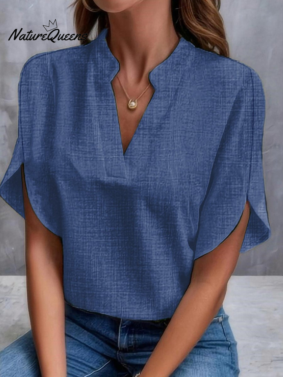 Women’s Summer Solid Colour V - Neck Loose Linen Shirt Navyblue / S