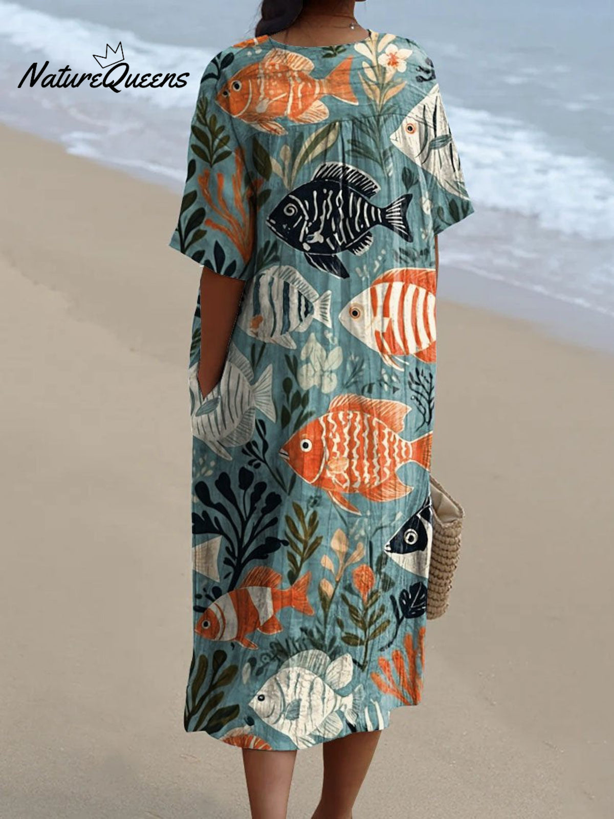 Women's Vintage Lovely Fish Art Print Flowy Dress