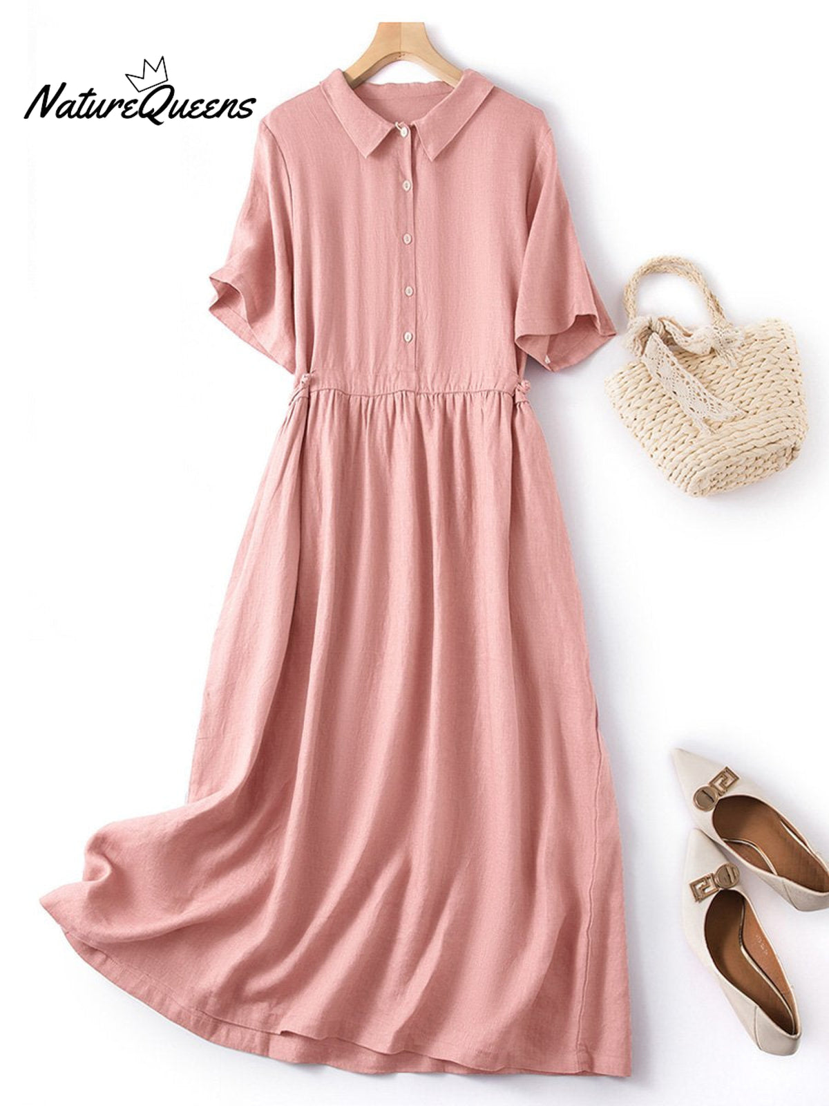 Women’s Spring And Summer Short Sleeve Shirt Collar Retro Dress Pink / M