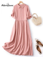 Women’s Spring And Summer Short Sleeve Shirt Collar Retro Dress Pink / M