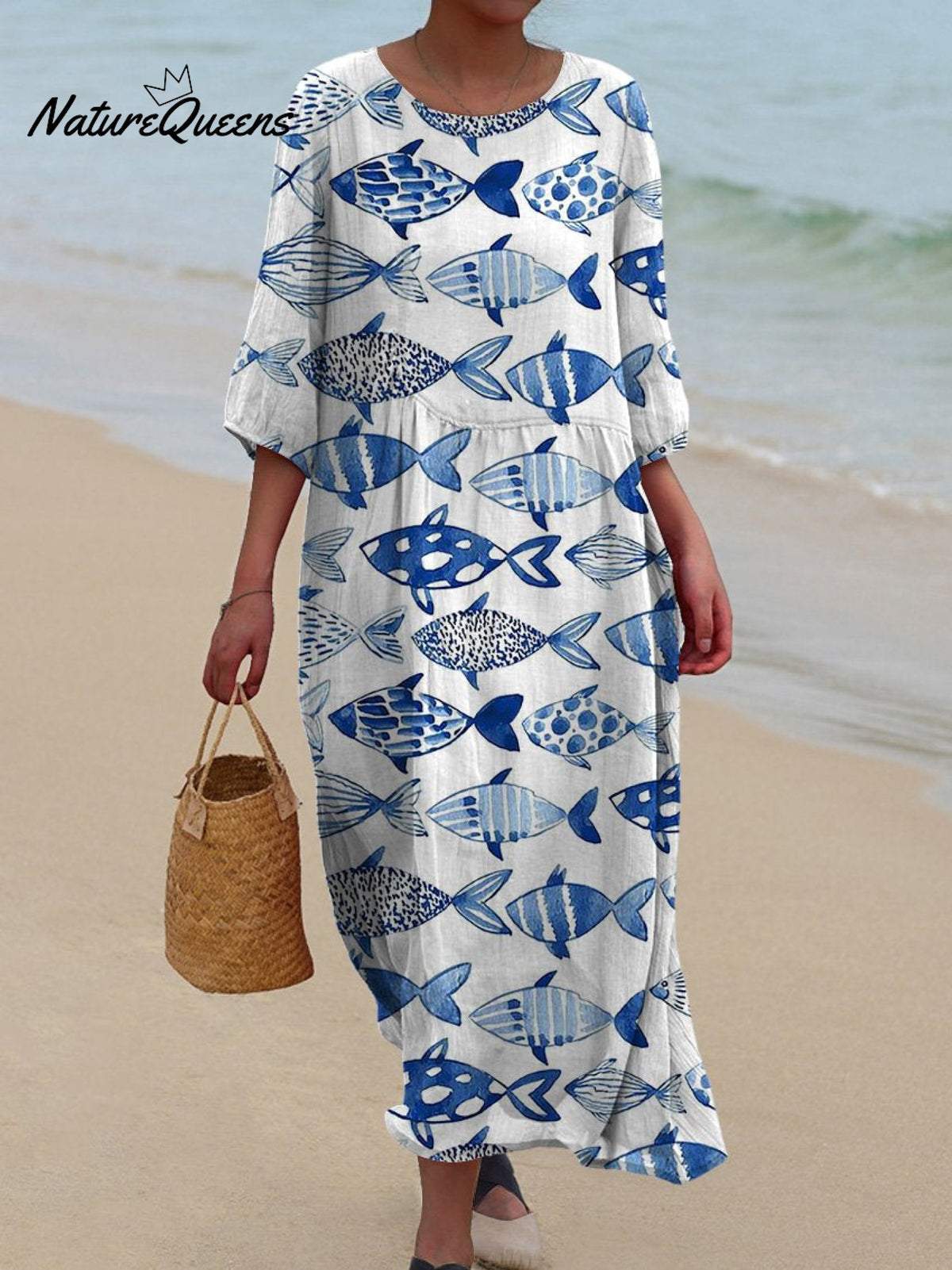 Watercolor Sea Fish Pattern Printed Women's Pocket Cotton Dress