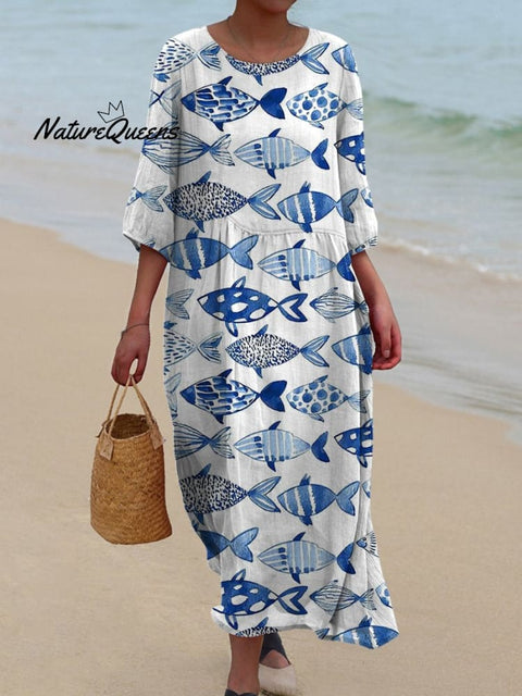 Watercolor Sea Fish Pattern Printed Women's Pocket Cotton Dress