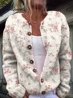 Pink Rose Florets Print Buttoned Cardigan Sweater