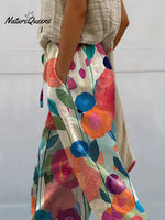 Oil Painting Summer Floral Art Printed Women's 100%Cotton Casual Pants