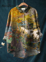 The Sunrise Oil Painting Art Printed Women's Casual Cotton And Linen Shirt