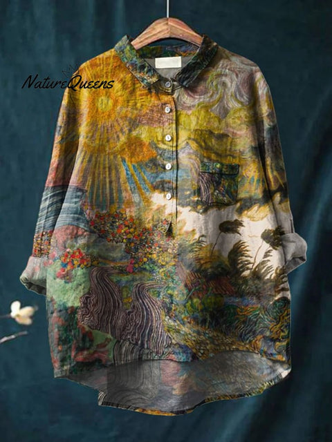 The Sunrise Oil Painting Art Printed Women's Casual Cotton And Linen Shirt