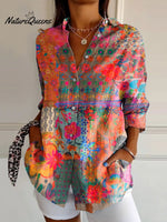 Women's Vintage Flower Art Print Casual Cotton Shirt