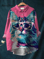 Women's Cat Print Casual Cotton And Linen Shirt