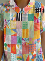 Multicolor Patchwork Pattern Printed Women's Casual Cotton And Linen Shirt