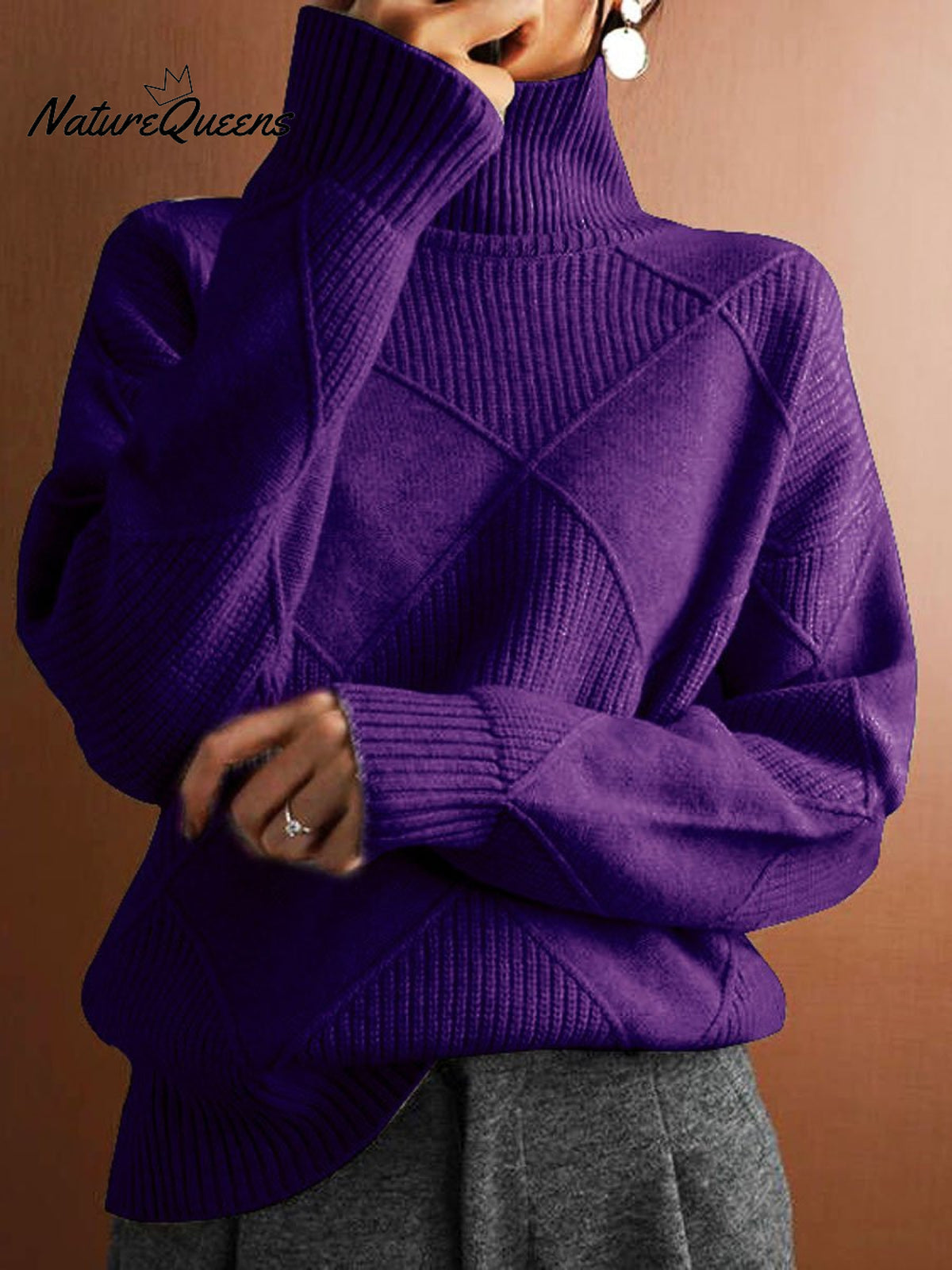 Women's Solid Color Stylish Long-sleeved Loose turtleneck Warm Casual Knitted Sweater