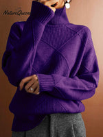 Women's Solid Color Stylish Long-sleeved Loose turtleneck Warm Casual Knitted Sweater