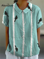 Women's Retro Bird Branch Pattern Printed Casual Cotton and Linen Shirt