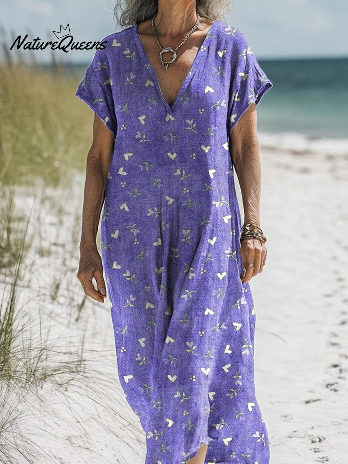 Lilac Floral And Heart Pattern Printed Women's Pocket Cotton Dress