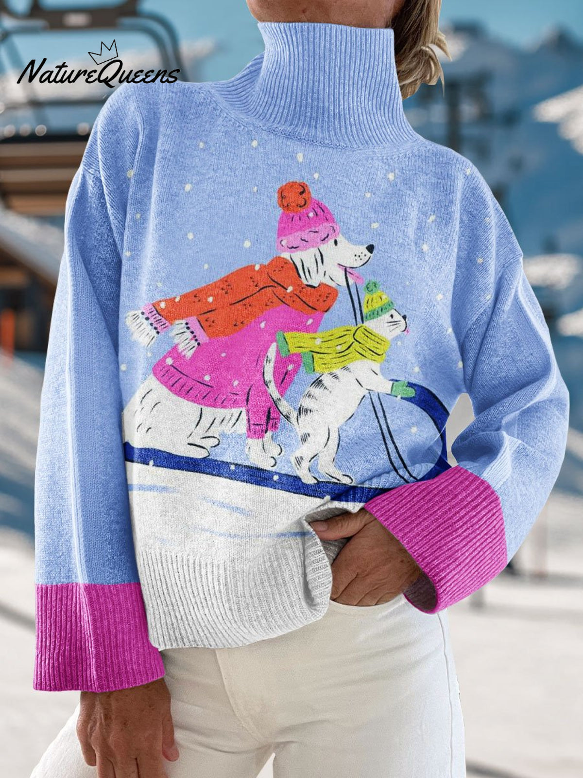 Animal Skiing Art Print Knit Turtleneck Pullover Sweater