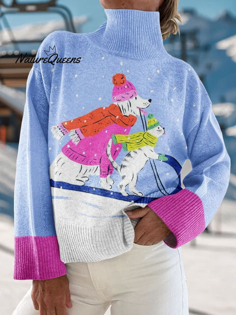 Animal Skiing Art Print Knit Turtleneck Pullover Sweater