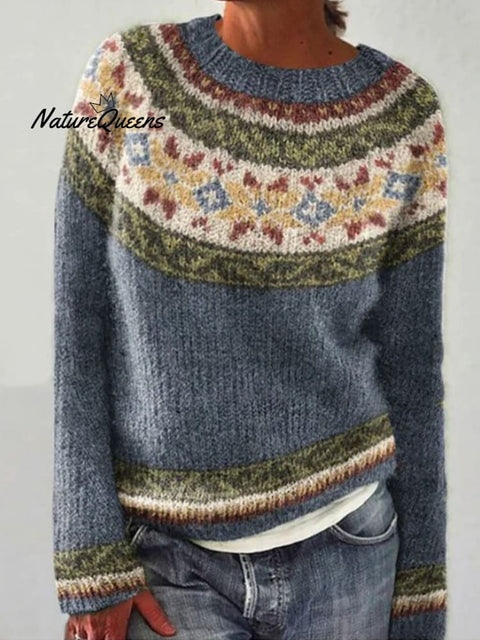 Retro Art Print Casual Pullover Sweater