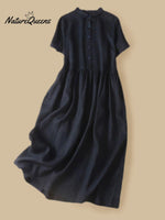 Women’s Cotton And Linen Short Sleeve Solid Color Casual Shirt Dress Black / S