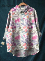 Women's Watercolor Flower Art Print Casual Cotton And Linen Shirt