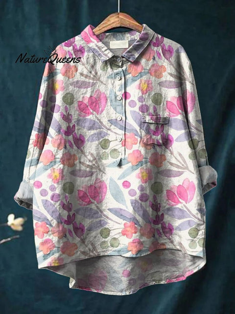 Women's Watercolor Flower Art Print Casual Cotton And Linen Shirt