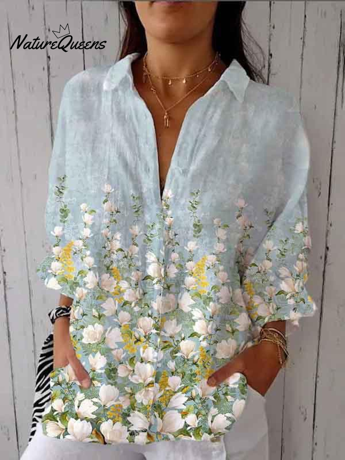 Women's White and Yellow Small Floral Print On Blue Background Casual Linen V-neck Shirt