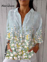 Women's White and Yellow Small Floral Print On Blue Background Casual Linen V-neck Shirt
