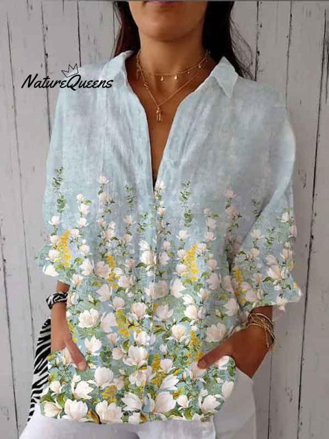 Women's White and Yellow Small Floral Print On Blue Background Casual Linen V-neck Shirt