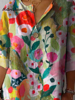 Women's Vintage Lovely Floral Art Print Casual Cotton Linen Shirt