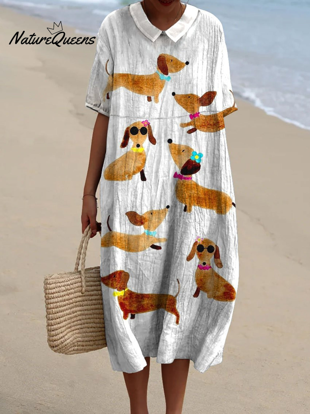 Women's Cute Dachshund Print V Neck Vintage Linen Loose Dress