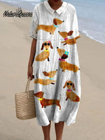 Cute Dog Dachshund Art Print Casual Cotton And Linen Shirt