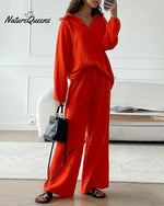 Casual Two-Pieces Outfits Solid Color Casual Top Loose Bootcut Trousers Pants Sets