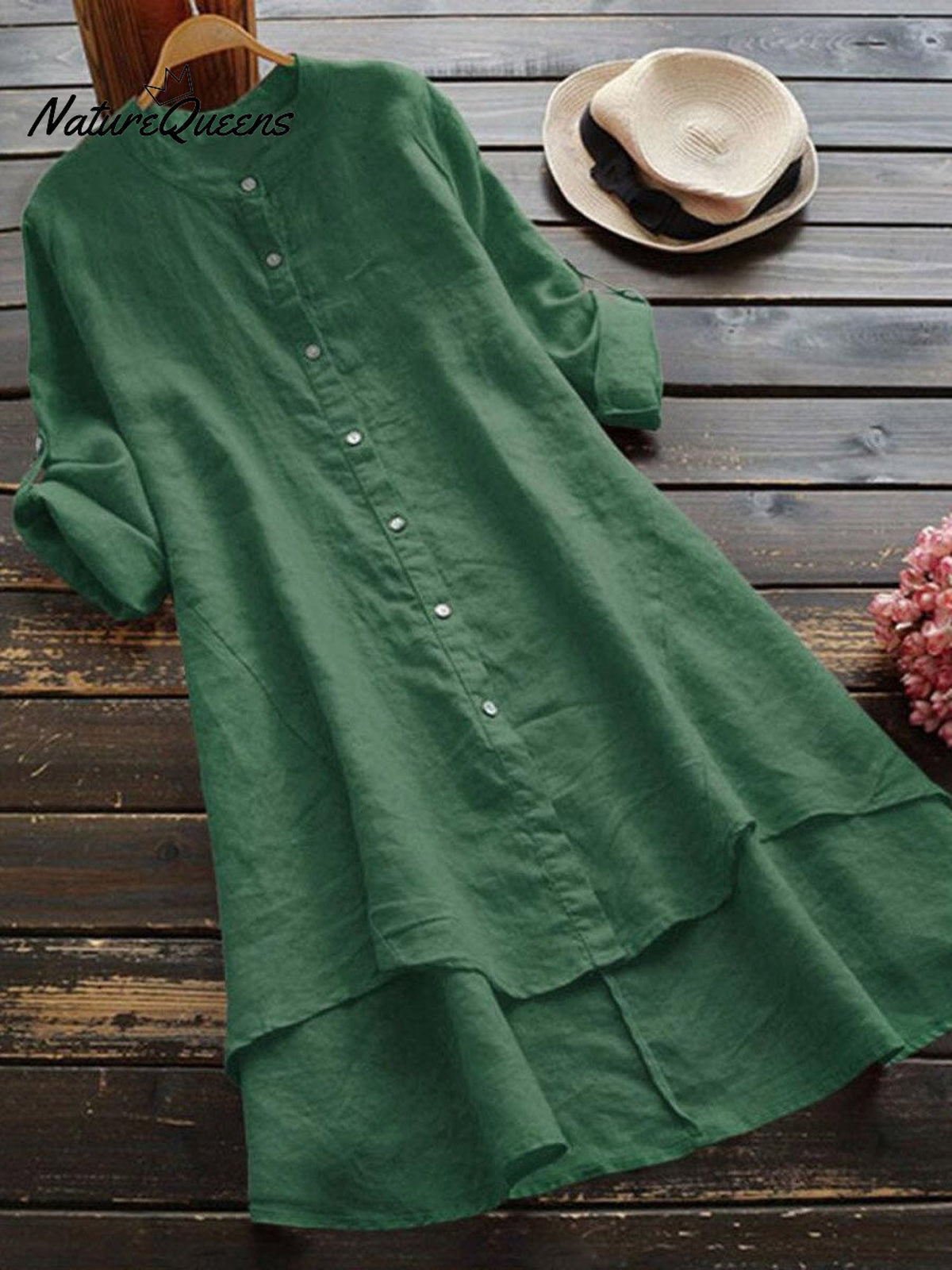 Women's Solid Color Loose Elegant Casual Cotton And Linen Shirt Dress