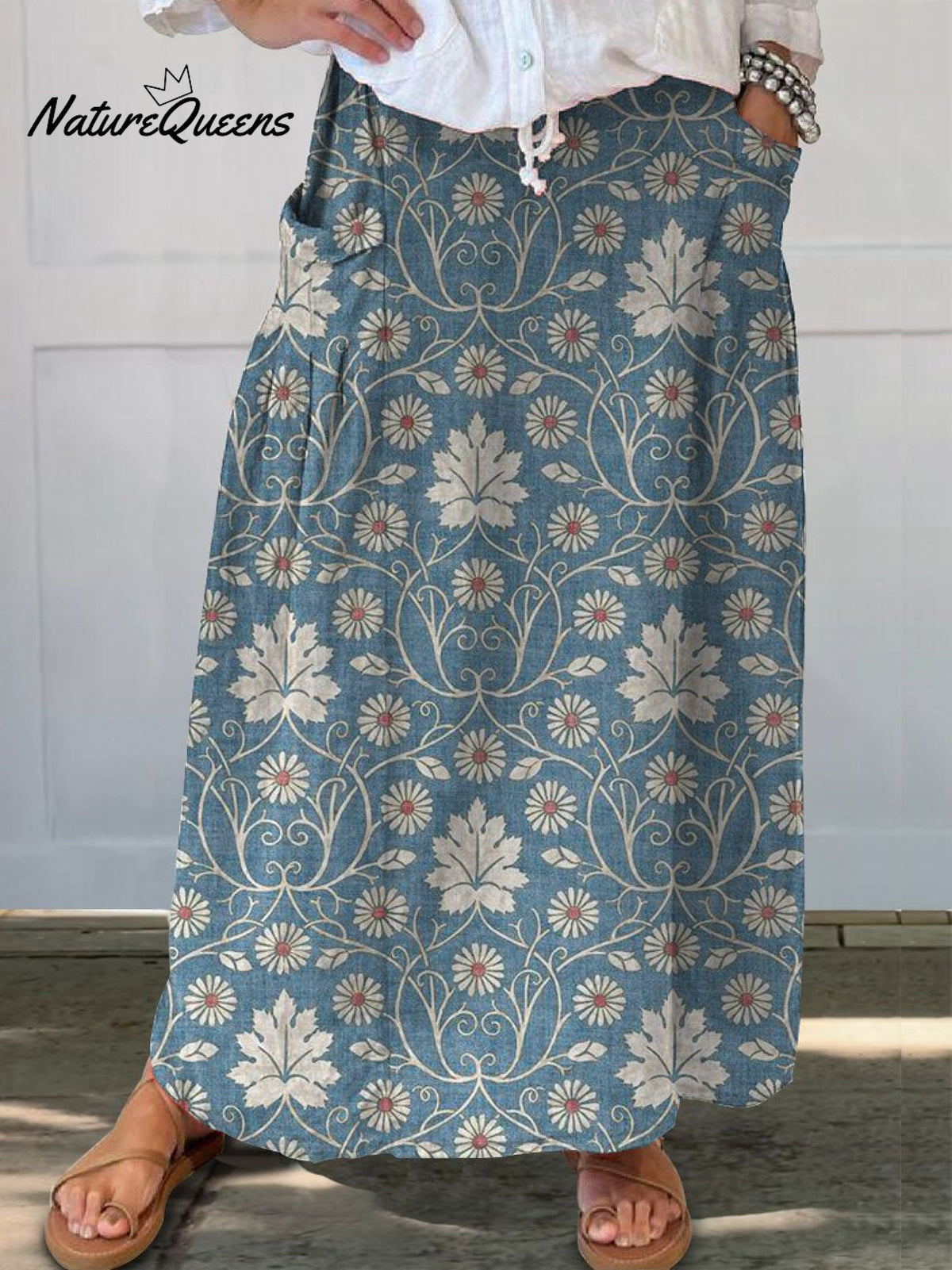 Women’s Retro Floral Art Linen Pocket Skirt Blue / S