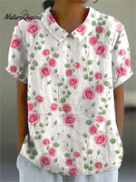 Women's Rose Flower Print Casual Cotton And Linen Shirt
