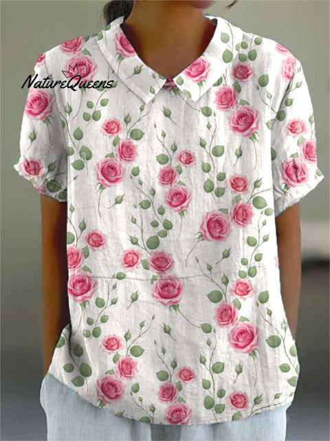 Women's Rose Flower Print Casual Cotton And Linen Shirt