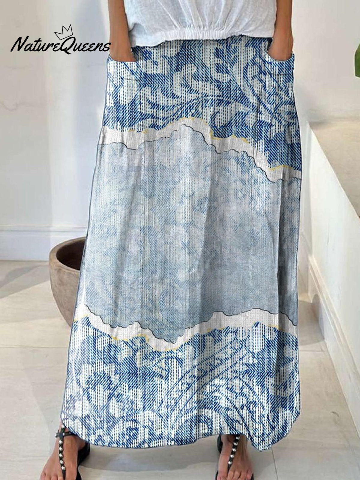 Women’s Denim Texture Casual Print Linen Elastic Waistband Pocket Skirt