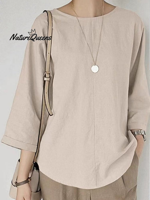 Women's Solid Color Loose Elegant Casual Cotton And Linen T-Shirt