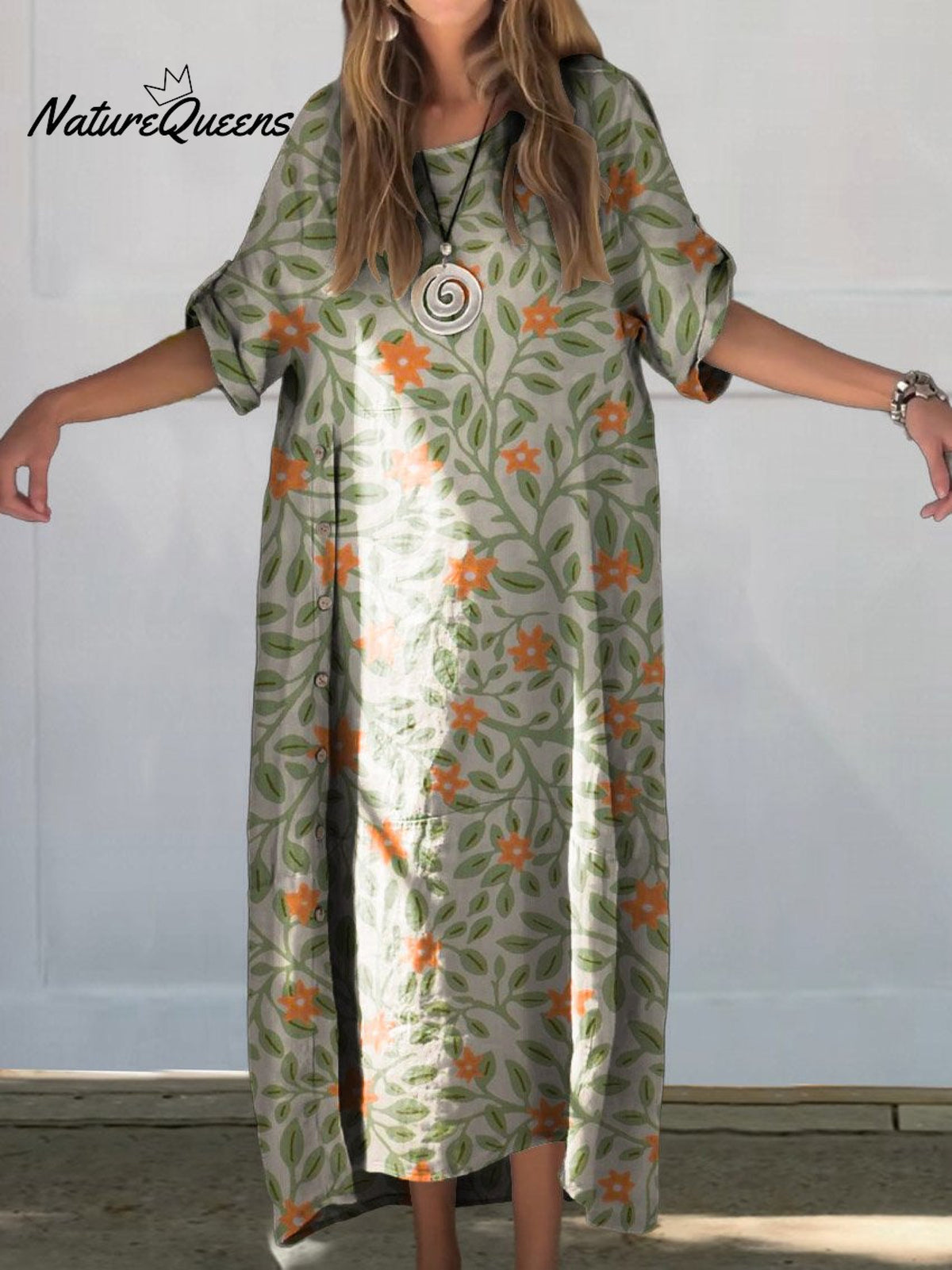 Women’s Lovely Floral Art Print Linen Cotton Buttons Dress