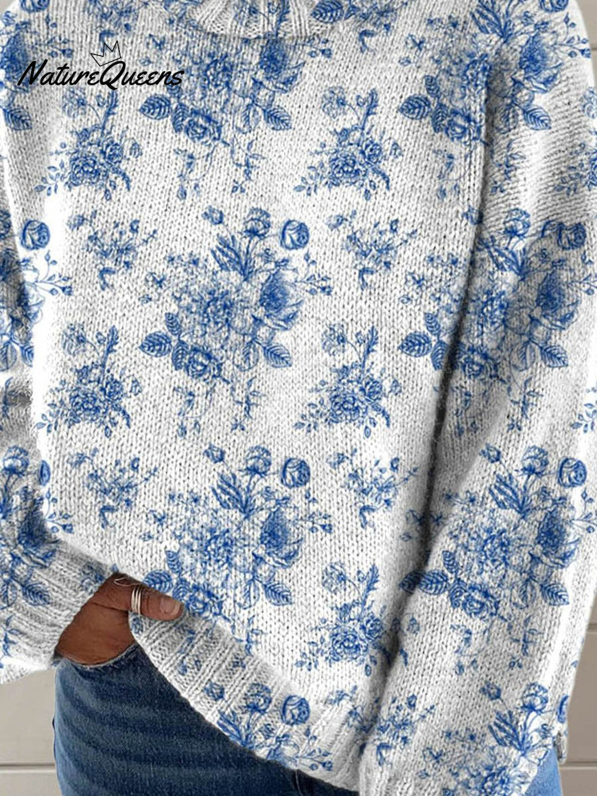 Lovely Floral Pattern Art Print Knit Turtleneck Pullover Sweater