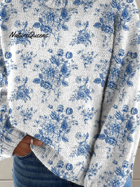 Lovely Floral Pattern Art Print Knit Turtleneck Pullover Sweater