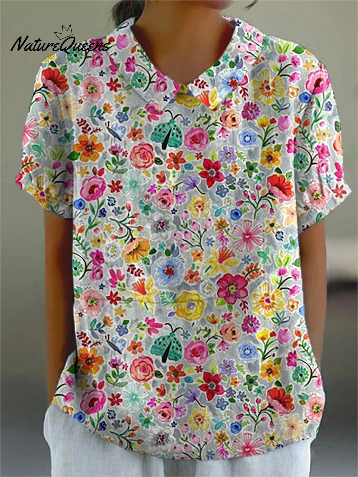 Hand Drawing Style Floral Garden Pattern Printed Women's Casual Cotton And Linen Shirt