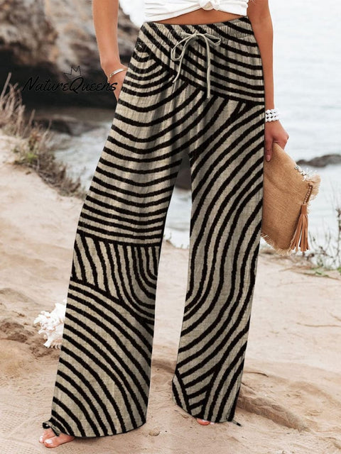Women's Geometric Hand Drawn Circle Line Pattern Printed Cotton And Linen Casual Pants