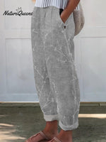 Women’s Flowers And Leaves Art Pattern Printed Cotton Linen Casual Pants Grey / S