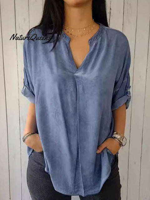 Women's  Solid Color Casual Cotton And Linen  V-neck Shirt