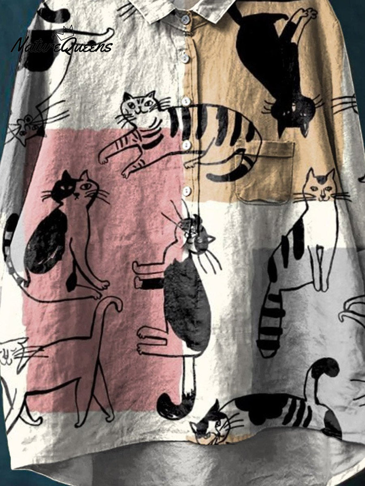 Vintage Funny Cats Art Print Casual Cotton And Linen Shirt